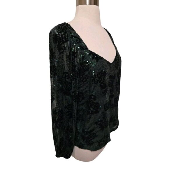 Loft Ann Taylor Womens Sequins All Over Blouse Size Small Green Long Sleeve - Picture 1 of 7